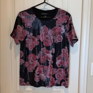 DKNY Black and Pink Floral Sequin Tee